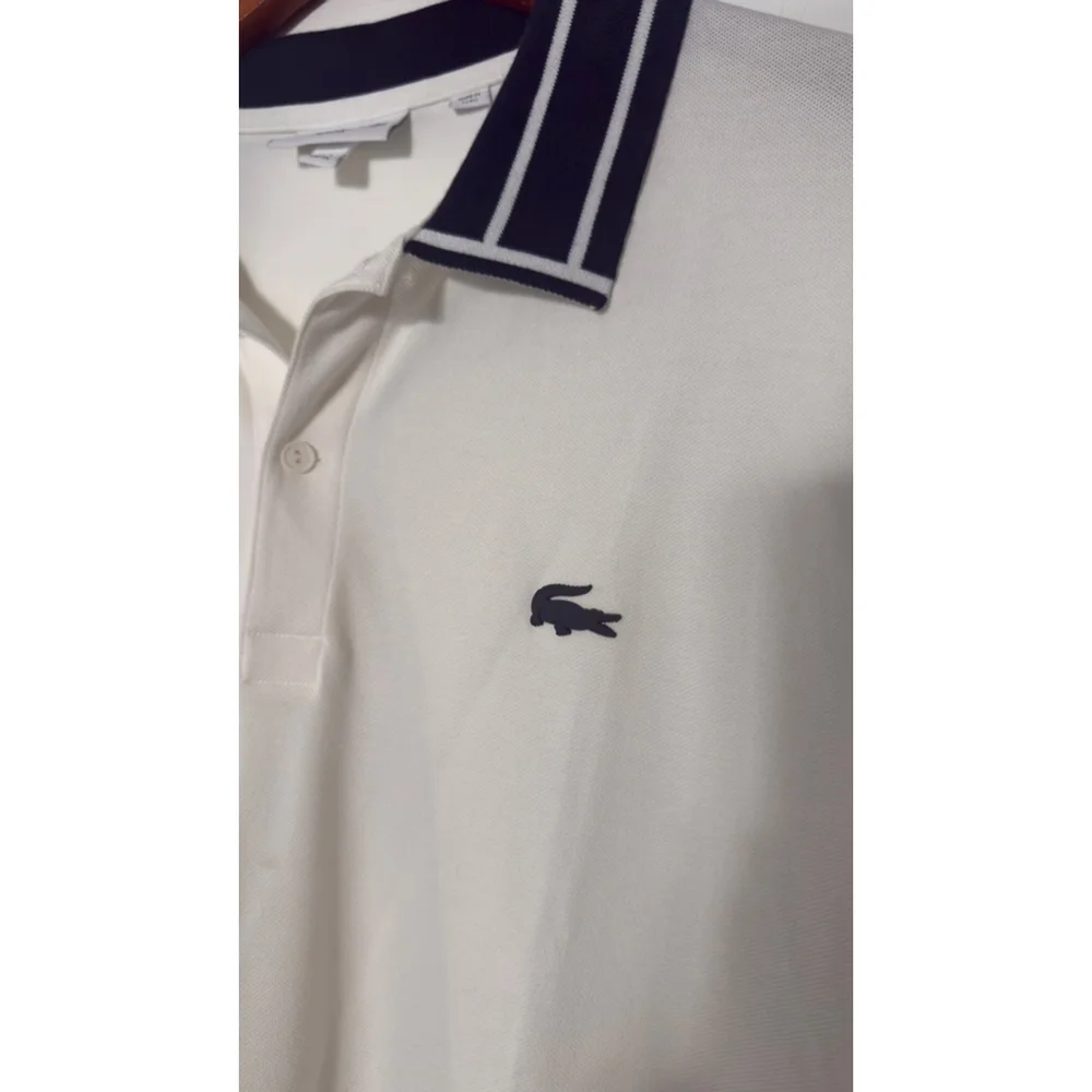 Men's Lacoste White Navy Blue Striped Collar Slim Fit Polo Shirt XL